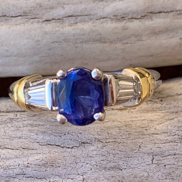 LeVian * Stunning Tanzanite & Baguette Diamond Platinum & 18k Gold Ring - Picture 2 of 14